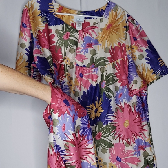 Only Necessities House Dress 1X Floral Multicolor Midi Pocket Button Hippie Vtg - Picture 3 of 7